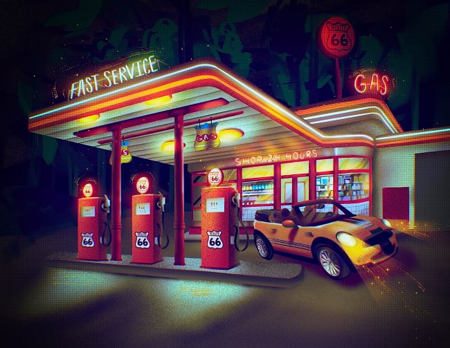A neon lit gas station at night.